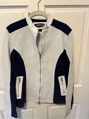 Anatomie style perforated white navy leather panel bomber jacket coat l large